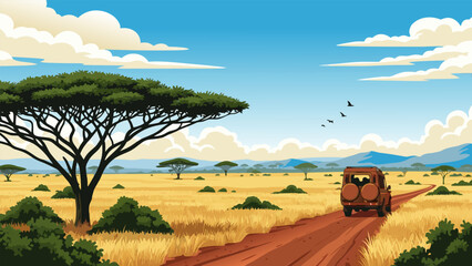 Obraz premium Explore the African Savanna A Scenic Road Trip Through a Vast, Open Landscape Under a Blue Sky with Scattered Clouds