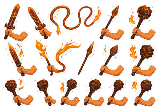 Various weapon designs with fire elements and hands holding them set in a simple pattern for a creative project - Powered by Adobe