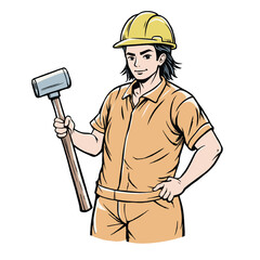 Male Construction Worker Holding Hammer - Yellow Hard Hat