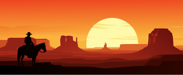 Vast Desert Landscape at Sunset with a Lone Cowboy on Horseback Silhouette, Capturing the Spirit of the Wild West