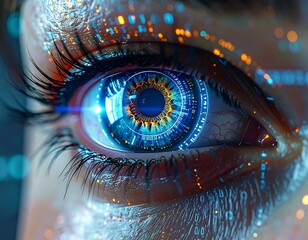 Close-up of a human eye transformed into a futuristic digital interface