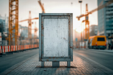 Urban Construction Site Fence with Large Blank Poster Board and Blurred Cranes Background