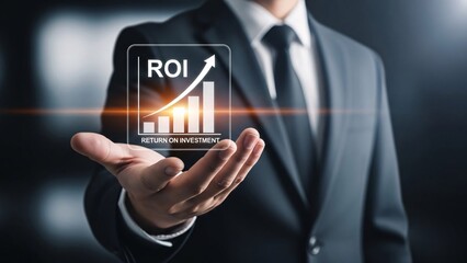 Businessman in formal suit holding transparent digital tablet displaying ROI growth chart with upward arrow and bar graph for investment analysis and financial success