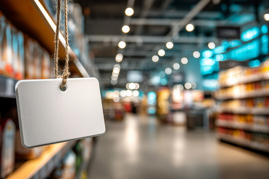 Blank shelf talker sign clipped to retail shelf, blurred store aisle background