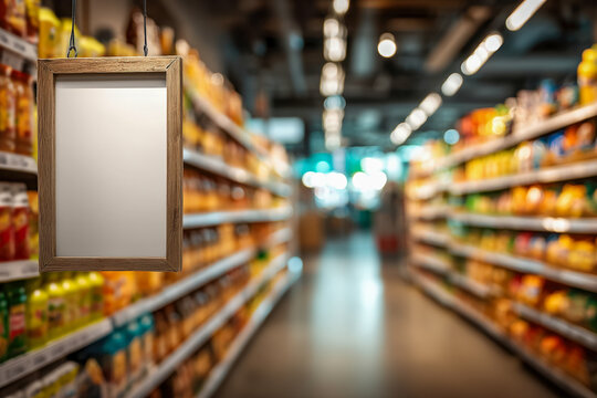 Blank retail shelf talker sign attached to product shelf in store aisle for promotions