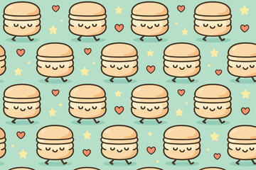 Cute macarons walking happily on a blue background with hearts and stars during a fun pattern design