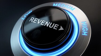 A control dial set to increase revenue with glowing blue light on a dark background