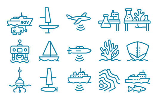 Icons representing marine research tools and activities with boats, planes, and underwater elements in simple designs