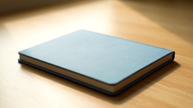 Blue leather hardcover notebook with textured cover closed wooden table soft morning warm light for writing and planning. blank open journal with cream pages and minimal stationery scene evoking calm
