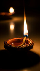 Small Clay Lamp with Burning Wick in Warm Dark Background