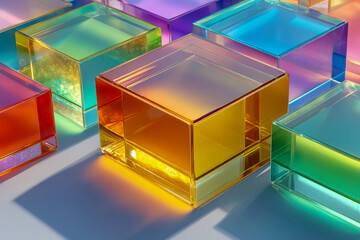 Blank digital signage screen surrounded by colorful translucent acrylic blocks and refractions