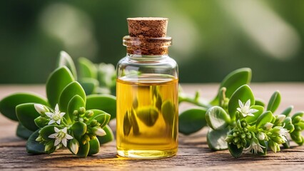 Small glass bottle filled with golden essential oil surrounded by green leaves and white flowers on a wooden surface with a blurred natural background for aromatherapy and wellness