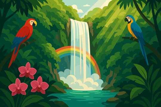 Colorful birds and a waterfall in a jungle with a rainbow in the background near a river with flowers