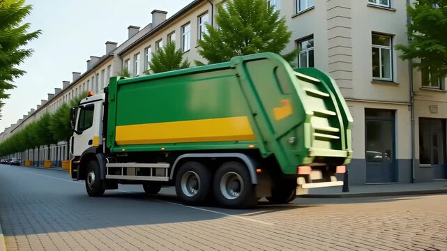 green garbage truck driving on city street near yellow bins on sunny day