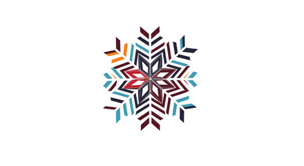 Intricate geometric snowflake design featuring symmetrical patterns in blue, red, and orange colors on a white background.