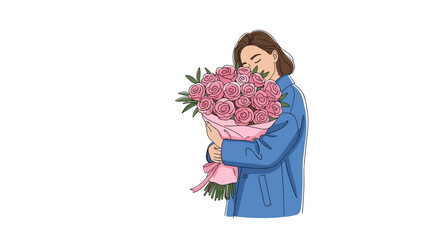 Happy young woman in a blue coat holding and smelling a large bouquet of pink roses representing gratitude and romantic celebration.