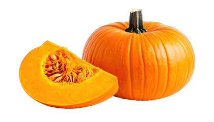 Obraz premium A whole pumpkin with a slice beside it, showing seeds and bright orange flesh
