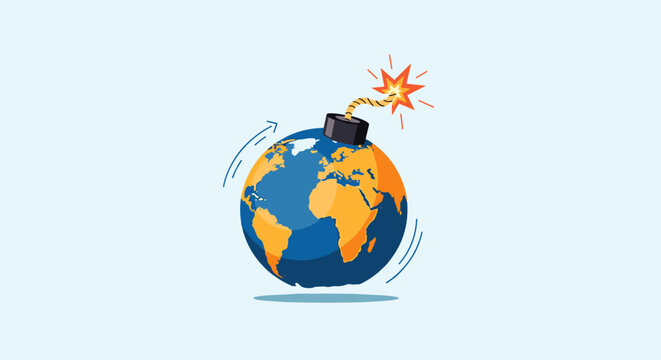 Conceptual illustration of the Earth planet depicted as a ticking bomb with a lit burning fuse to represent environmental crisis.