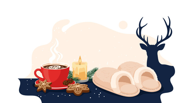 Cozy winter arrangement with a red mug of hot cocoa cookies a candle and fluffy slippers against a stylized deer silhouette background.