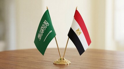 Two miniature flags of Saudi Arabia and Egypt standing on a wooden table