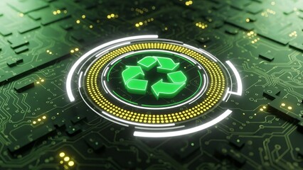 Futuristic green recycling symbol on digital circuit board representing eco technology and sustainable electronic waste management innovation