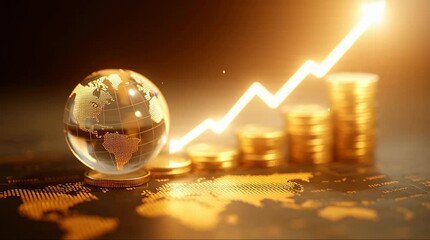 A glowing globe with a rising financial graph and gold coins, symbolizing global economic growth and investment. - Powered by Adobe