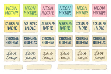 Different colored squares with text that shows music genres and themes in a simple layout on a flat surface