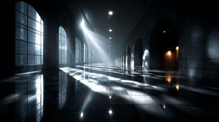 **Architectural Silhouette: Interior perspective of an architectural space, with natural light streaming through arched windows, casting dramatic shadows and creating a sense of wonder**