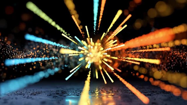 Bright starburst light emission with glowing particulate matter spreading across a reflective surface