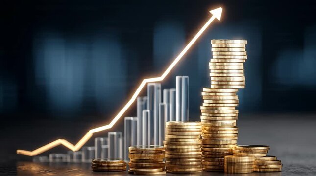 Financial growth concept with increasing stacks of gold coins and an upward trending bar chart, symbolizing economic success and investment.