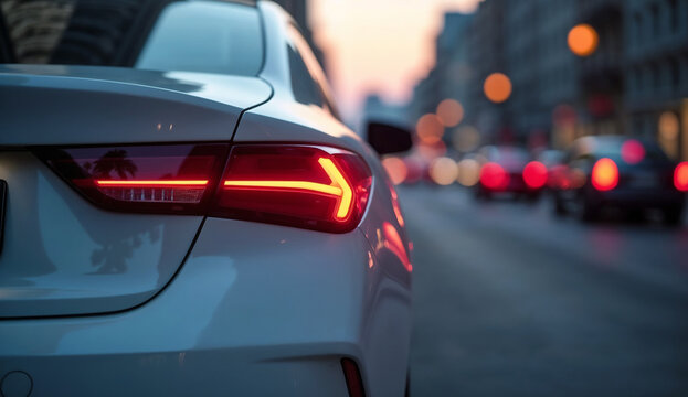 Close up of a car red LED taillights shining on a city street.