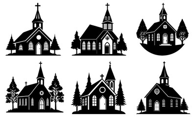 Fototapeta premium Six black and white church silhouettes with trees on a white background religious building