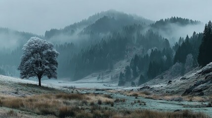 Frozen Majesty: A solitary tree stands cloaked in frost, its stark silhouette piercing the misty embrace of a tranquil landscape of rolling hills and whispering woods.