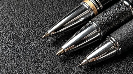 Elegant Trio of Writing Instruments: A close-up shot reveals three sleek writing instruments, showcasing their meticulous design and sophisticated craftsmanship against a textured backdrop.