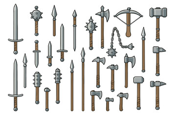 Obraz premium Collection of various weapons including swords, axes, and crossbows arranged on a plain background for display and design use