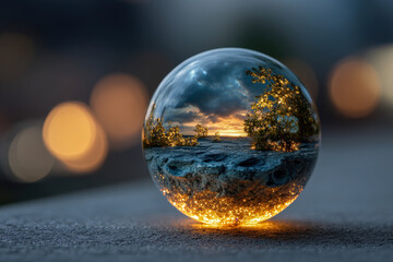 Glass marble orb containing miniature moon crater terrain with glowing rim bokeh