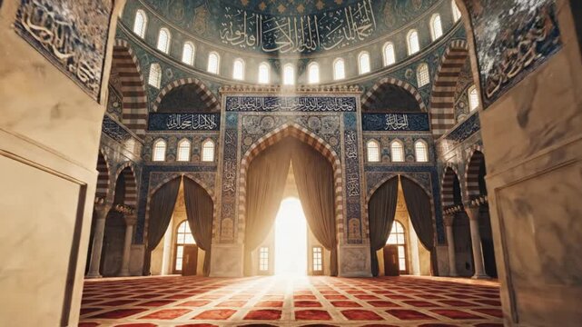 Ornate hall interior with intricate blue and gold patterns luminous arched entrance light rays domed ceiling and red geometric carpet