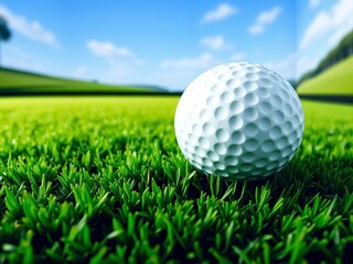 Fototapeta premium White golf ball with black dot on lush green field, wall border, simulator background, field, indoor golf