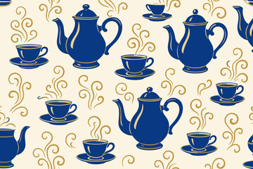Pattern of blue teapots and cups with steam on a light background in a simple design