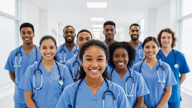 Diverse group of smiling healthcare professionals in blue scrubs standing together in a bright hospital corridor emphasizing teamwork and medical care excellence