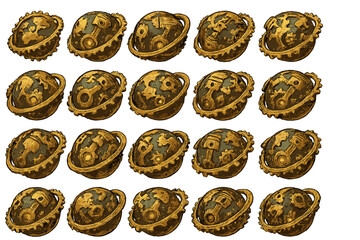 Unique designs of spherical objects with gears and mechanisms in a grid layout