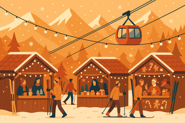 Skiers visit market in snowy mountains with cable car in the sky during winter season