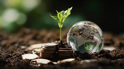 A young plant sprouts from a pile of coins next to a glass globe reflecting the earth, symbolizing environmental investment and growth.