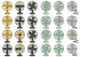 Different styles of fans on display in a simple arrangement showing variety in design and colors