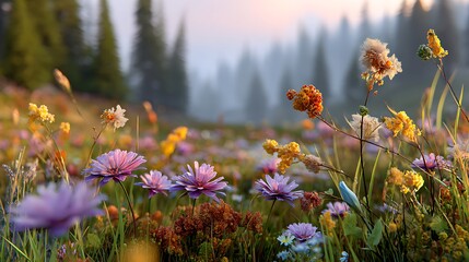 Bright wildflowers and orange marigolds bloom across a summer meadow field under a clear sky, showcasing the floral beauty of nature with colorful petals and green grass in a spring park