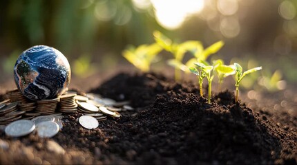 A small globe rests on a pile of coins next to a mound of soil with young plants sprouting, symbolizing environmental investment and growth.