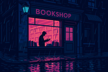 People read books inside a bookshop during rainy weather at night in a city
