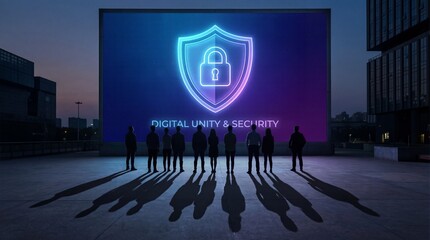 A group of people standing in front of a large digital display showing a digital security shield at dusk
