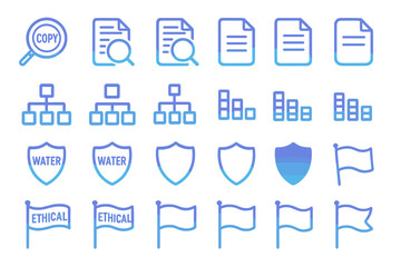 Various icons representing copy, documents, data flow, water, and ethical concepts seen in a minimal design