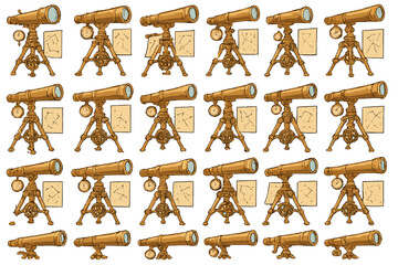 Collection of telescopes and star maps arranged on a white background for scientific study and exploration of the night sky